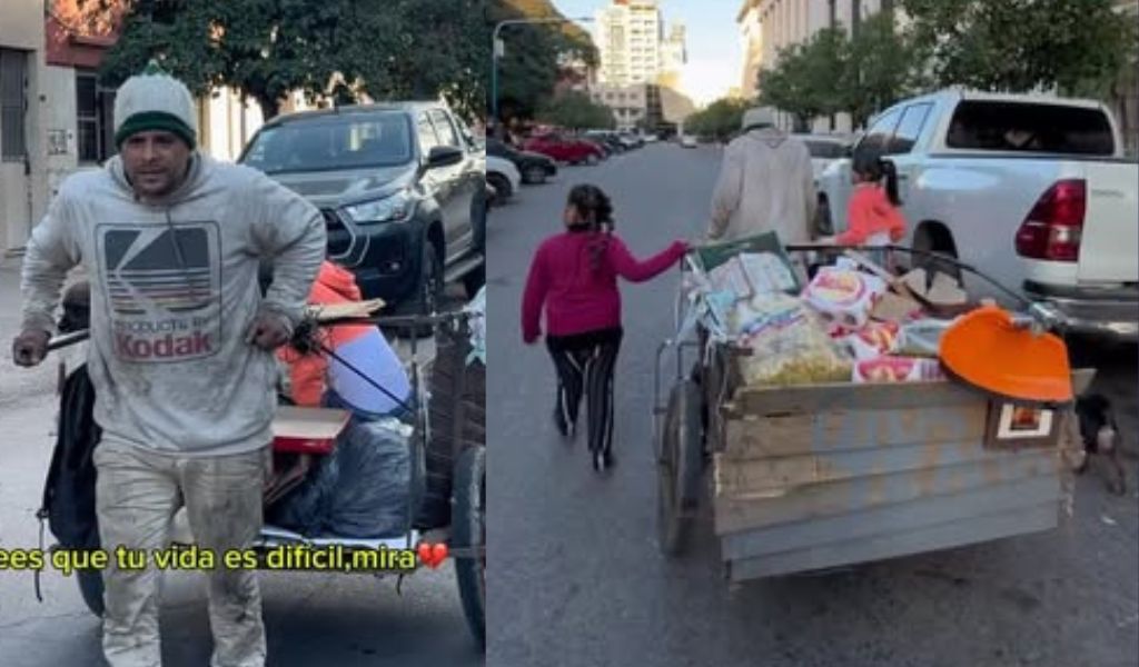 "Papá, ¿hoy vamos a almorzar?" – No había podido llevar comida a la mesa: Iba cartoneando con sus hijas en el carro y un joven les cambió la vida