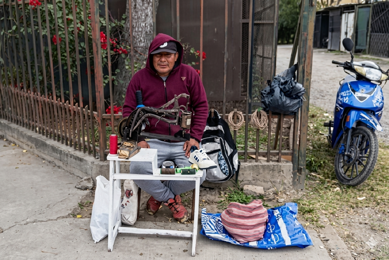  UN SALTEÑO NUNCA SE RINDE: BAJO LA LLOVIZNA, TONY LUCHA CON UNA MESITA EN LA VEREDA Y SU OFICIO DE ZAPATERO PARA SOSTENER A SU FAMILIA